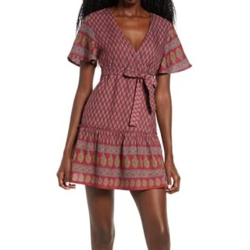 Raga Avah Floral Faux Wrap Mini Dress In Wine size S